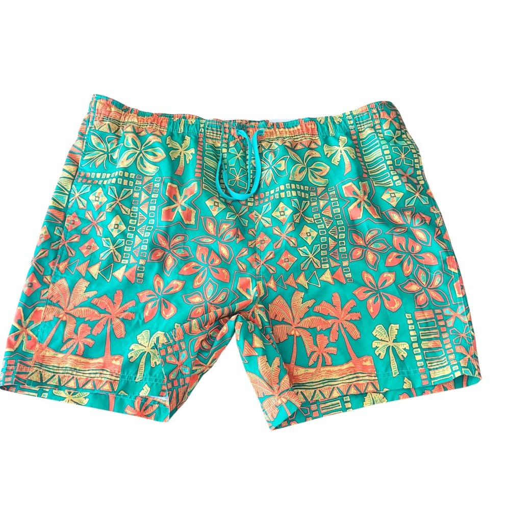 Boca Classics XXL Mens Swim Trunks Teal Tropical Palm Tree Geometric Print NWT